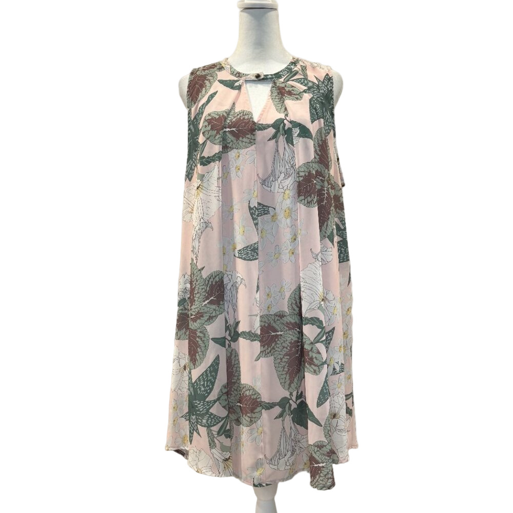 Umgee Sleeveless Dress, Floral Pink Print, flowy, lined, keyhole neckline, Med